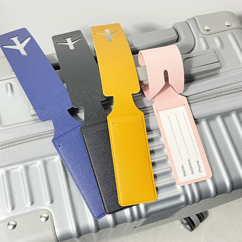 étiquette de bagage longue avec logo d'entreprise personnalisé, étiquette de valise d'avion portable en cuir pu de voyage, nom de vente en gros, porte-carte de message tel