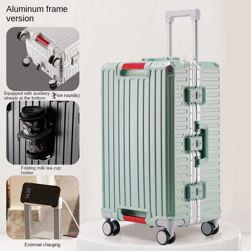 valise à cadre en aluminium à cinq roues, 30 pouces, cabine multifonctionnelle, mot de passe, boîtier de chariot, bagages avec porte-gobelet usb
