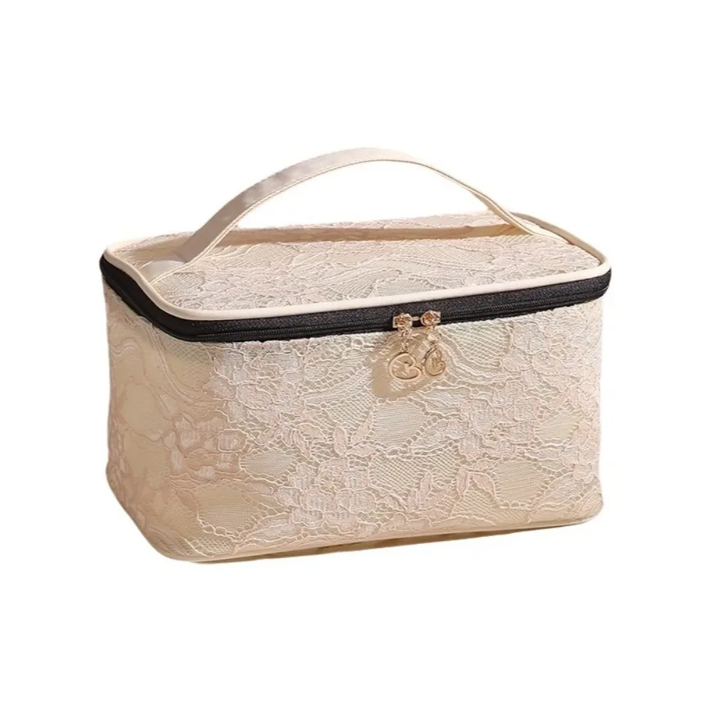 pochette de rangement en dentelle de couleur unie, sac de maquillage de grande capacité avec poignée, sac de rangement pour cosmétiques, trousse de toilette florale respirante pour femmes