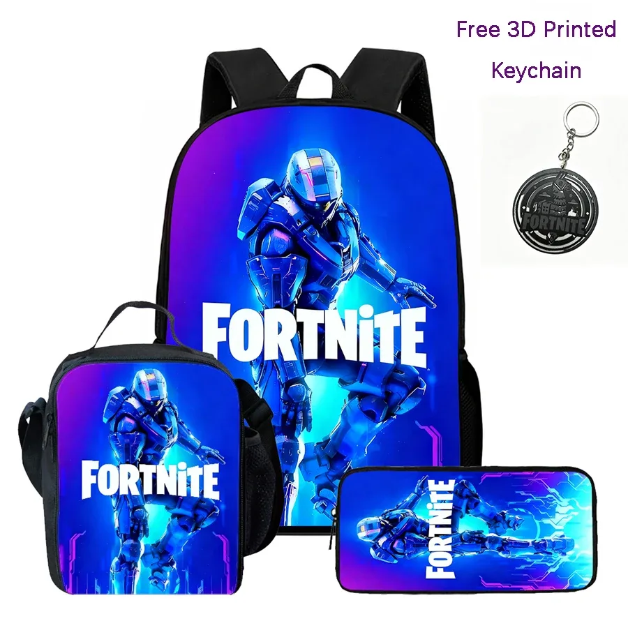 ensemble de 3 sacs à dos pour enfants, sac à lunch et trousse à crayons, sac fortnite à motif de dessin animé, léger pour garçons et filles de 6 à 10 ans, porte-clés imprimé en 3d gratuit