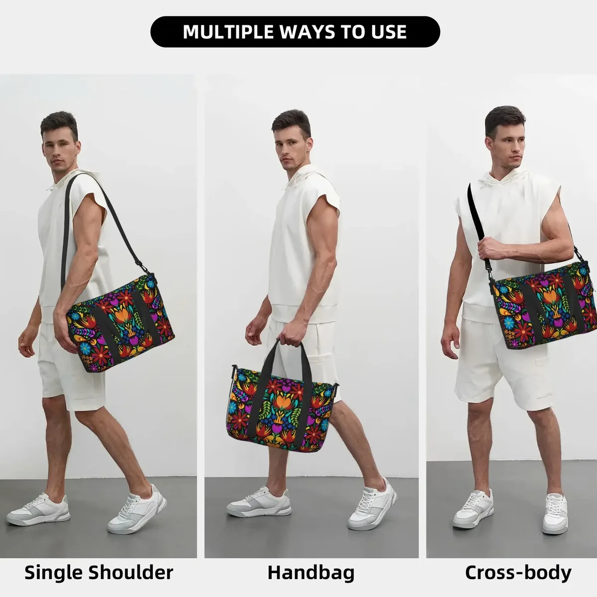 sac de voyage léger avec fleurs mexicaines, sacs de nuit pour week-end, fourre-tout boho art floral pour sport, gymnastique, yoga