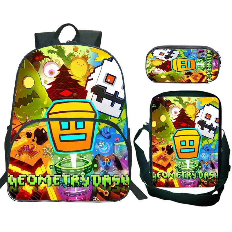 ensemble de 3 sacs à dos cartoon geometry dash pour garçons et filles, sac d'école de grande capacité, sac de voyage, sac à bandoulière pour enfants, sac à crayons