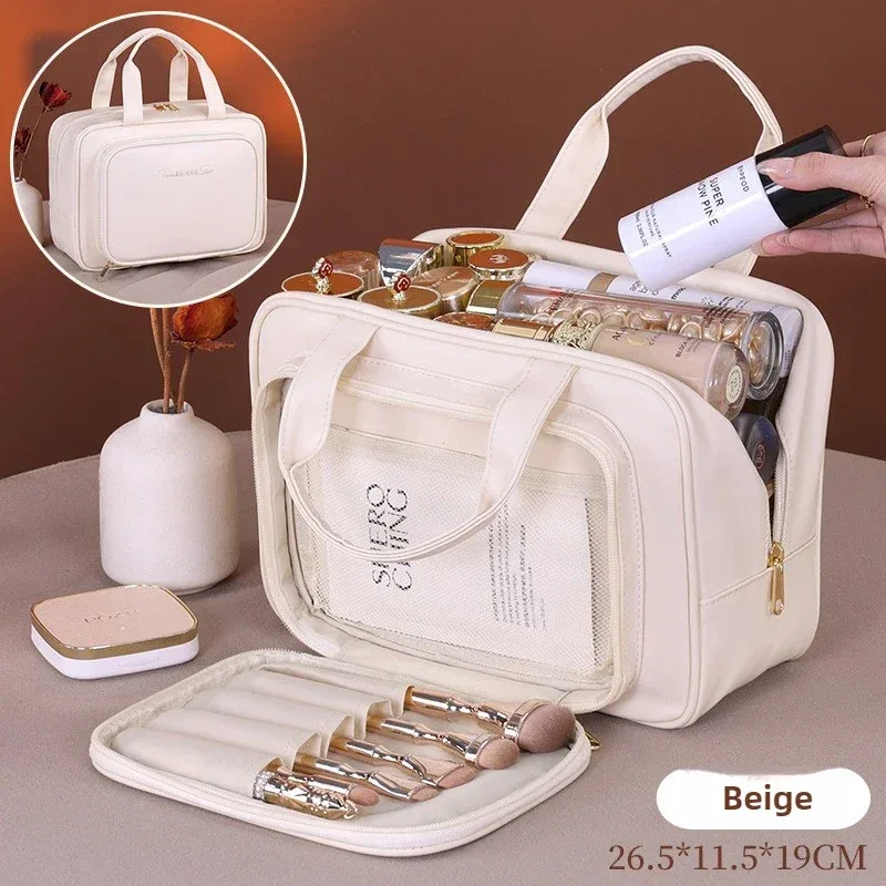sac de maquillage de rangement portable multifonctionnel pour femmes, sac de rangement de toilette de voyage de grande capacité, nouveau sac à cosmétiques en cuir pu