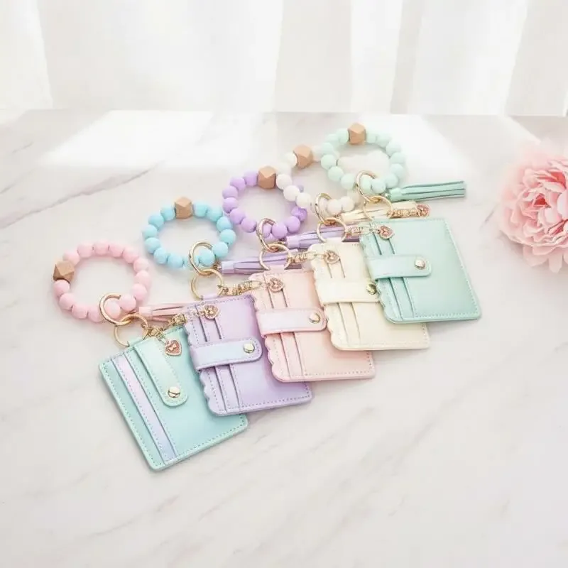 porte-cartes adorable pour filles, portefeuille dégradé de couleurs, breloque cœur, bracelet perles en silicone, étui en cuir pour cartes d'identité - organisateur tendance