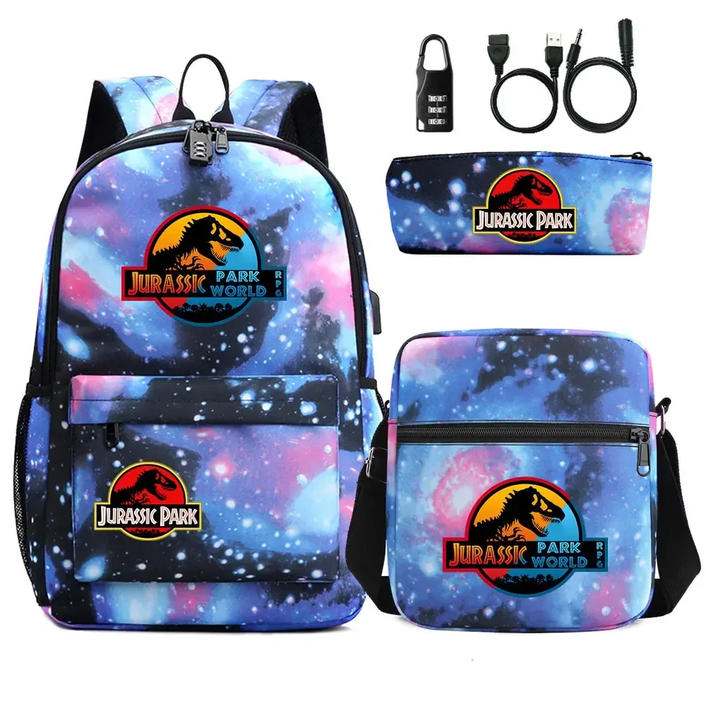 dinosaure jurassic park world 3 pièces usb antivol serrure garçon fille enfants école livre sacs voyage sac à dos sac à bandoulière stylo sac