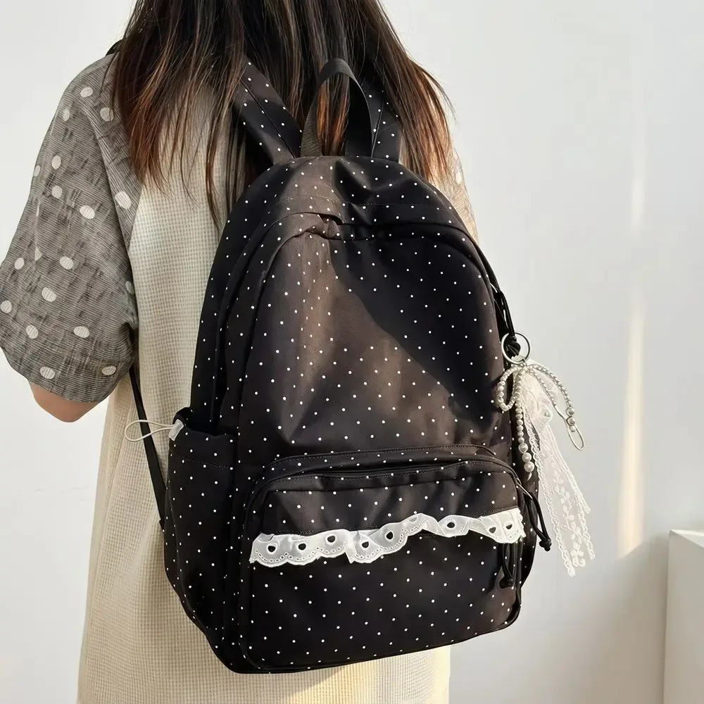 sac à dos y2k à pois, style minimaliste, grande capacité, avec bordure en dentelle, design à nœud, durable, idéal pour les étudiants, l'école et les voyages.