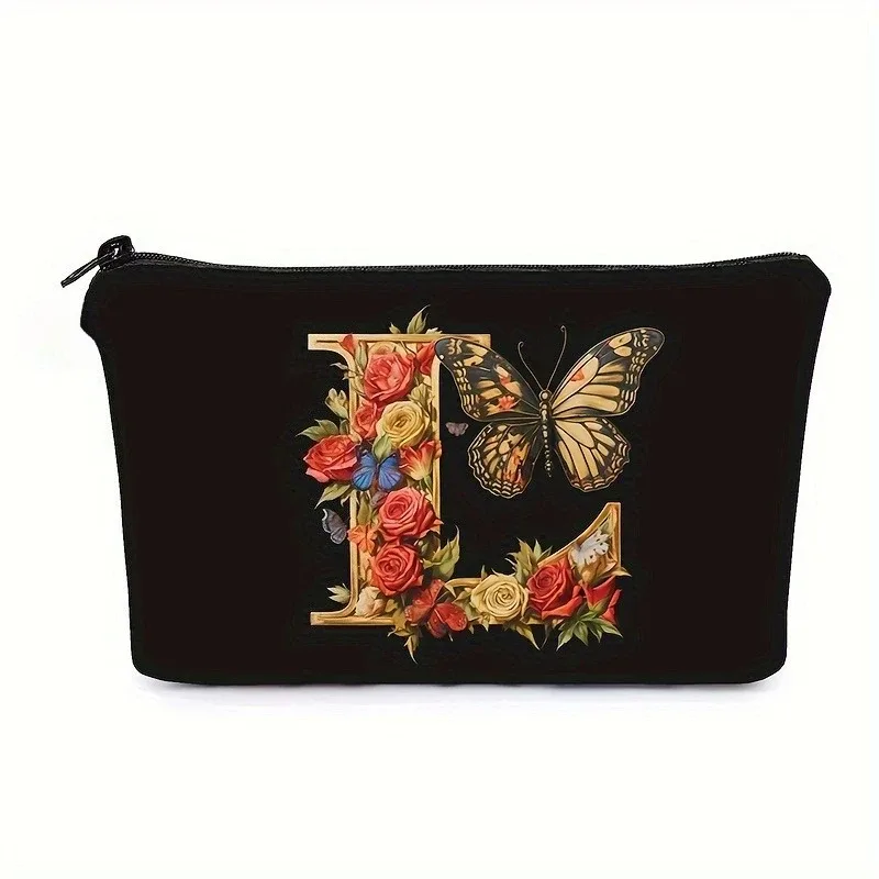 trousse de maquillage noire avec imprimés de 26 lettres de l'alphabet anglais, pochette à cosmétiques, sacs de rangement multifonctionnels