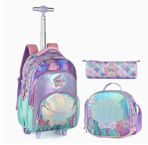sac à dos à roulettes pour filles, sac à dos à roulettes mignon, bagage à main pour enfants avec boîte à lunch et trousse à crayons pour l'école primaire