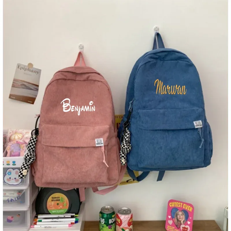 Sac à dos personnalisé de grande capacité avec nom personnalisé, sac d'ordinateur de voyage de loisirs pour étudiants, sac en velours côtelé solide pour documents