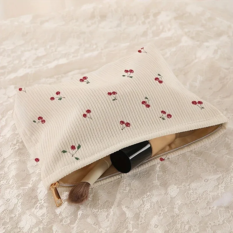 trousse de maquillage en velours côtelé imprimé cerises, boîte de rangement légère à fermeture éclair, sac multifonctionnel avec doublure