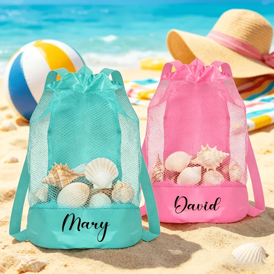1 sac de sport personnalisable avec cordon de serrage et nom, sac de rangement pour la plage, poches en filet de grande capacité, sac à dos de voyage multifonctionnel