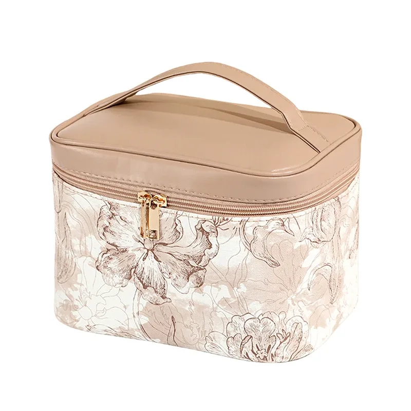 sac de maquillage portable élégant, motif floral en dentelle, sac de rangement cosmétique avec poignée, pochette de toilette de voyage de grande capacité pour femmes