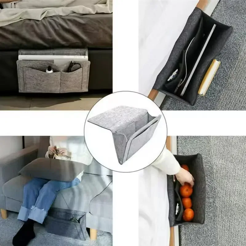 organisateur de rangement en feutre antidérapant pour chevet, sac de rangement suspendu pour lit et canapé, poches pour télécommande