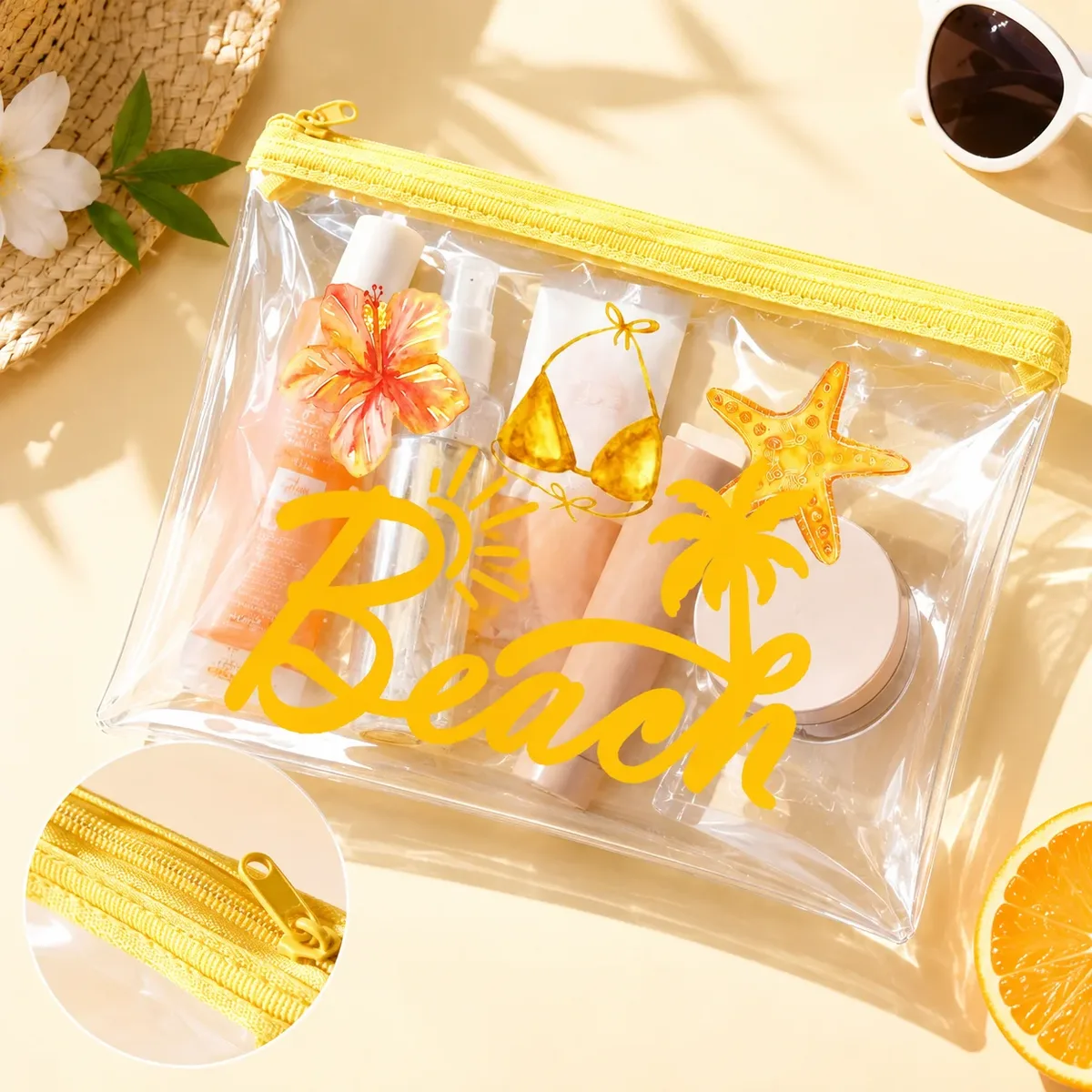 sac cosmétique transparent en pvc style plage tropicale avec fermeture éclair jaune, trousse de toilette de voyage pour femme, essentiels pour la piscine, les vacances et la natation