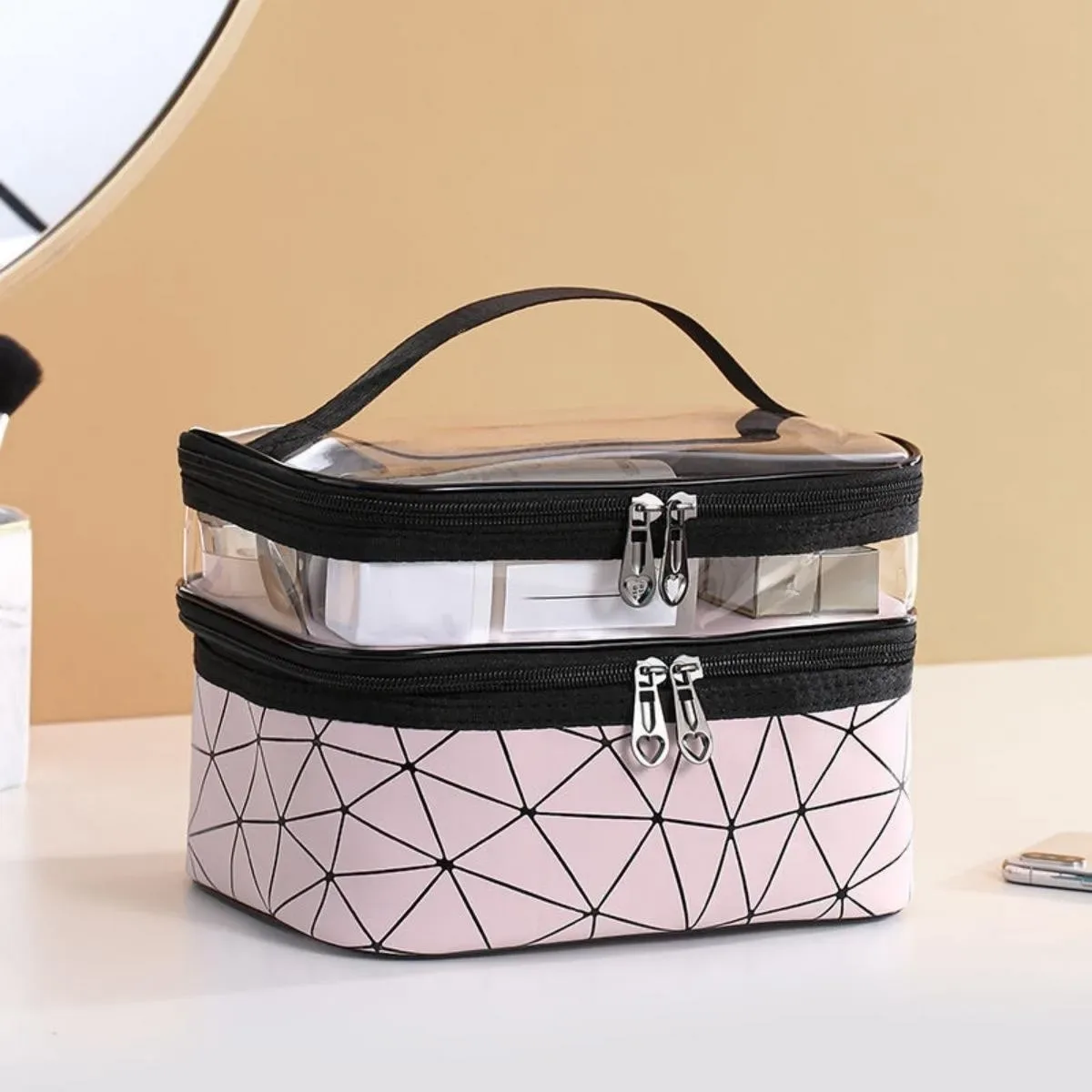 double trousse de maquillage portable de grande capacité, version coréenne, sac de toilette multifonctionnel de voyage ringer, sac de rangement portable