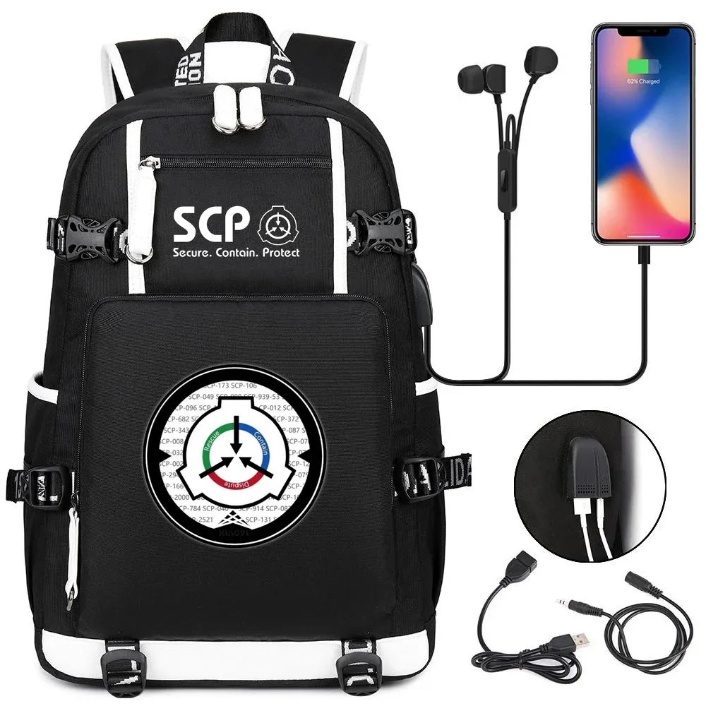 sac à dos scp foundation cartable noir, sacs d'école de dessin animé pour enfants adolescents, sac à dos de voyage scp, sacs initiés par ordinateur portable usb