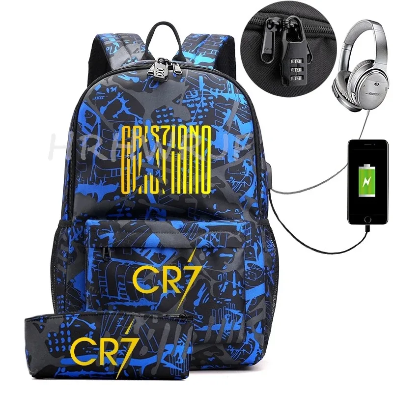 sac à dos usb cr7 pour femmes et hommes, sac à dos de voyage décontracté anti-vol, sacs d'école pour adolescents avec capacité pour ordinateur portable, avec trousse à crayons, 2 pièces