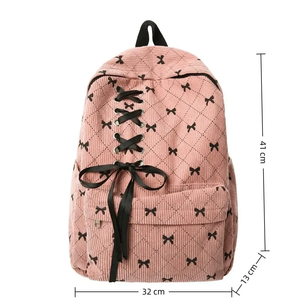sac à dos en velours côtelé grande capacité avec nœud, léger, style coréen, sac à nœud, bretelles réglables, sac à double épaule pour étudiants
