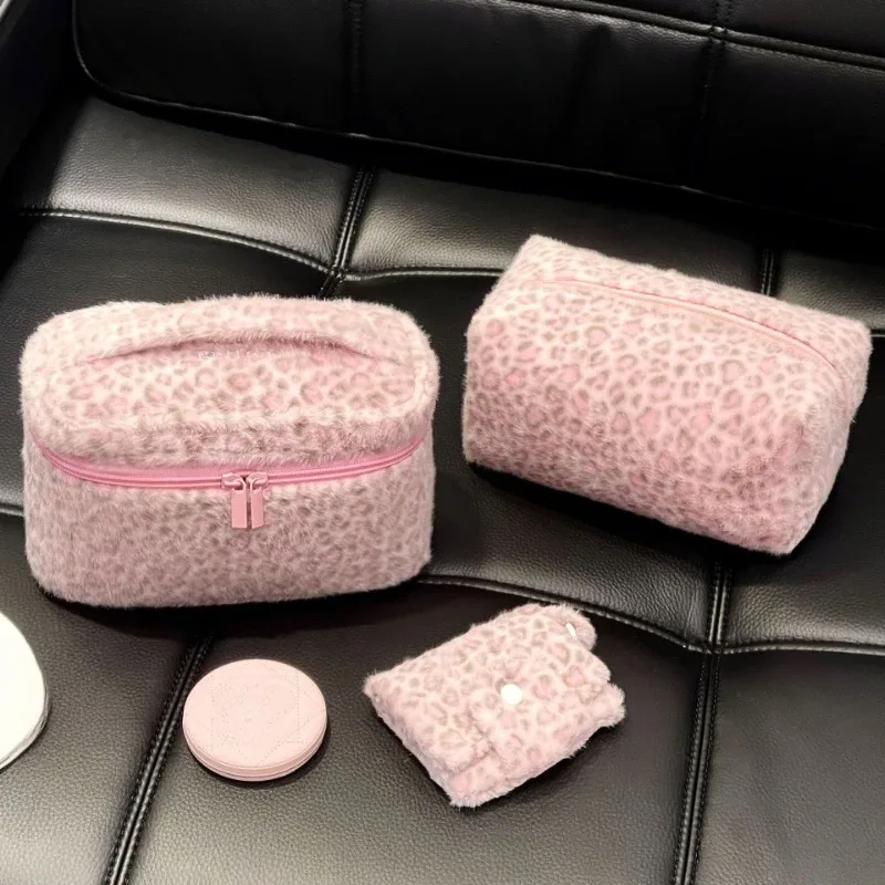 organisateur de toilette de voyage grande capacité, étui de rangement mignon, sac cosmétique imprimé léopard rose, trousse de maquillage pour femme, sac à main