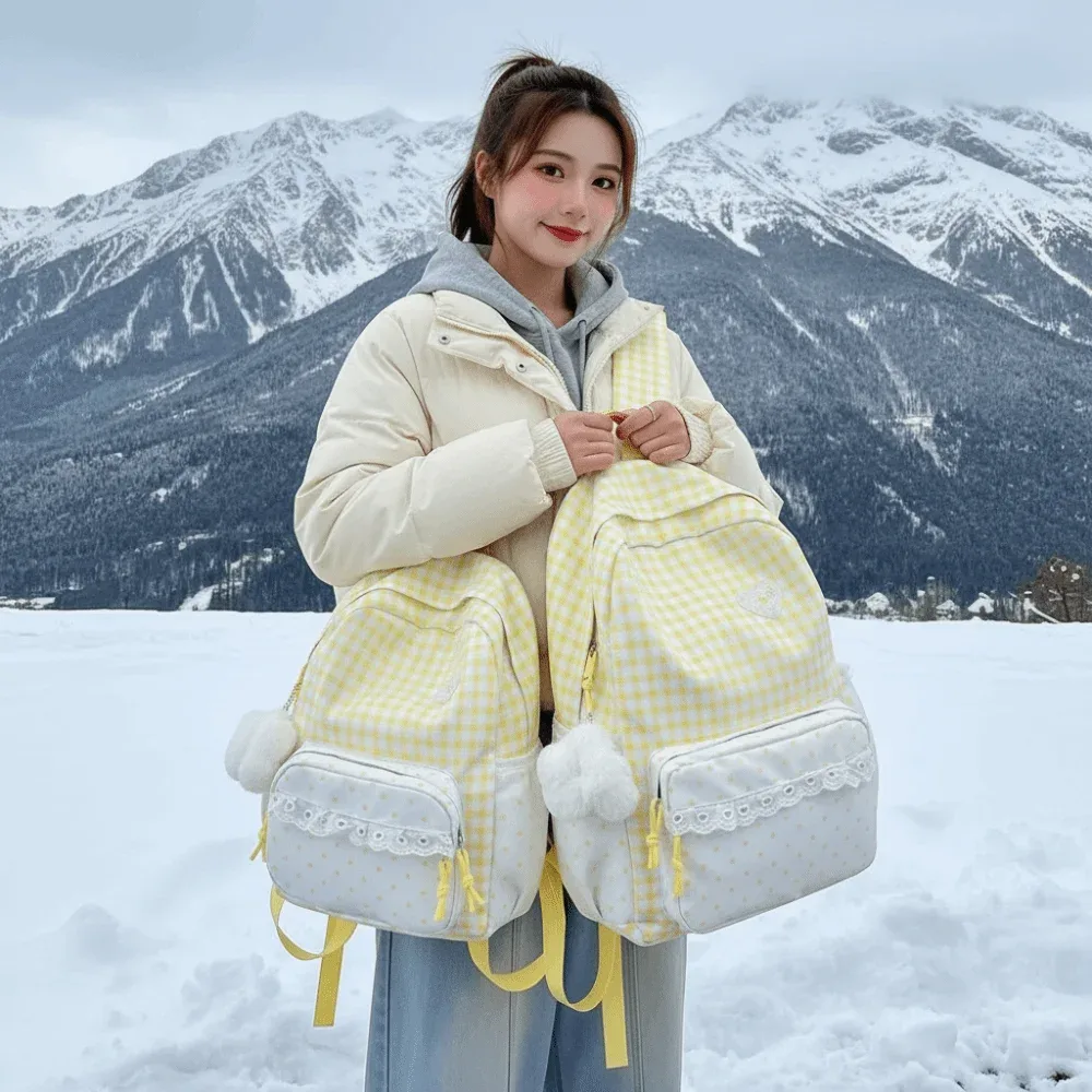 sac à dos coréen à carreaux gingham, design à volants, couleurs pastel, sac d'école en dentelle, bretelles réglables, sac à dos à pois et à carreaux pour le quotidien et les voyages