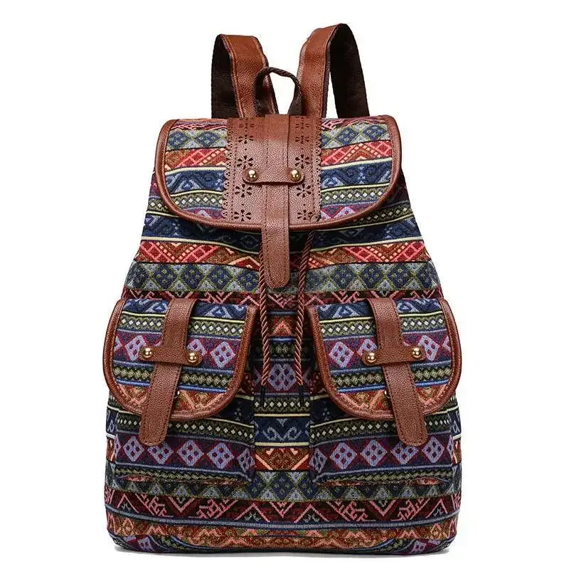 sac à dos tendance de grande capacité pour femmes, sac à dos décontracté avec cordon de serrage, motif géométrique, style national et exotique