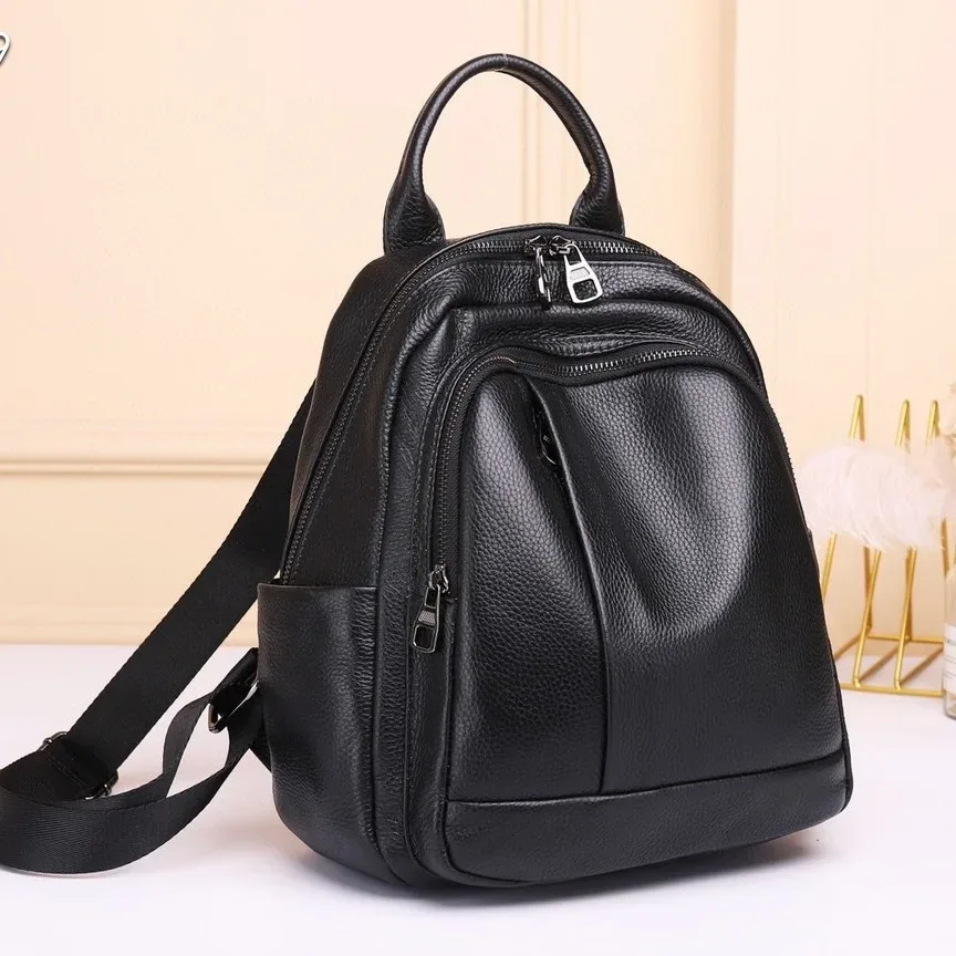 sac à dos en cuir de vachette véritable noir pour femme, sac à dos décontracté antivol pour femme, sac initié en cuir véritable, motif solide, sac à dos scolaire pour filles