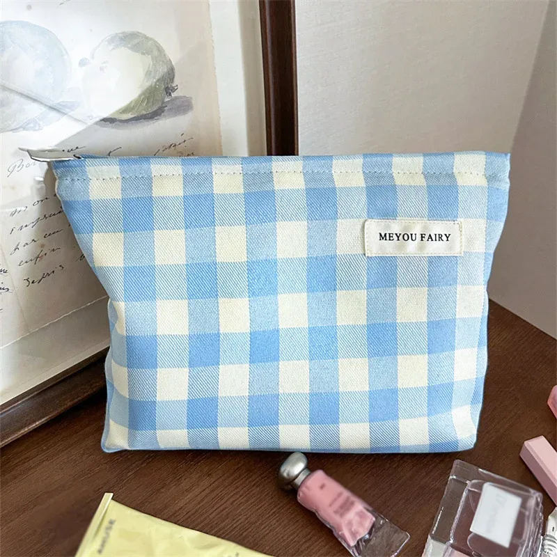 nouvelle trousse de toilette rose et bleue à carreaux, souple, pliable, grande capacité, sac cosmétique à motif écossais, pochette de rangement de maquillage de voyage, portable avec fermeture éclair