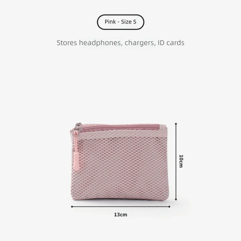 pochette de rangement polyvalente en maille à double fermeture éclair, en polyester, multi-tailles, pochette à cosmétiques double couche, pour câbles et chargeurs