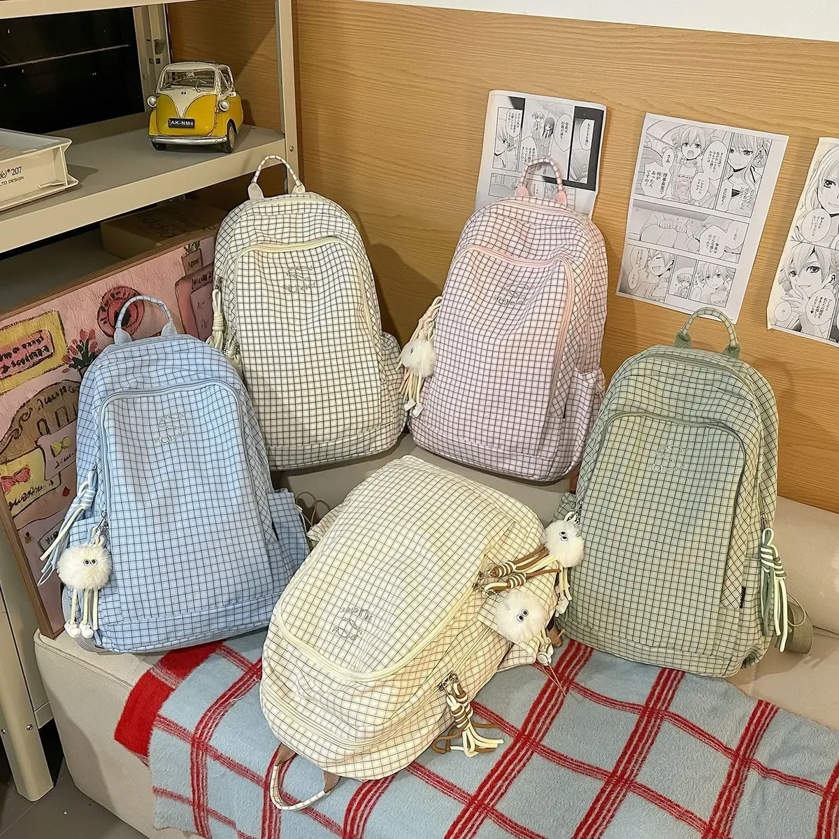 sac à dos coréen à carreaux avec cordon de serrage, grande capacité, pour étudiants et navetteurs, en nylon léger, sac à livres décontracté en forme de seau avec fermeture éclair, couleur foncée