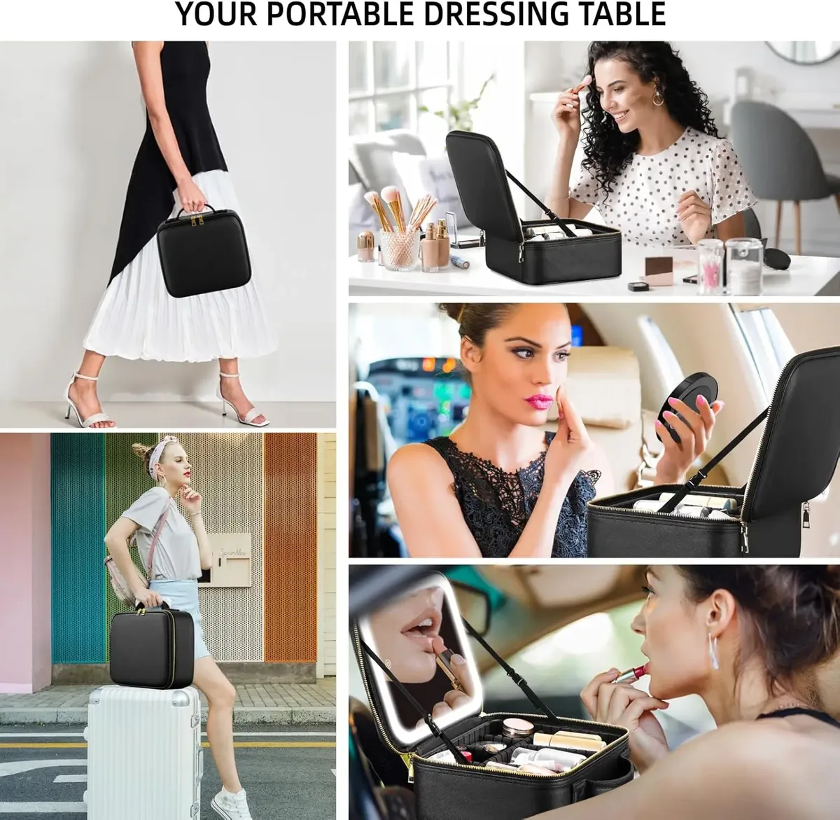 trousse de maquillage de voyage avec miroir d'une mallette de train portable éclairée par led avec séparateurs réglables et miroir grossissant détachable 10x