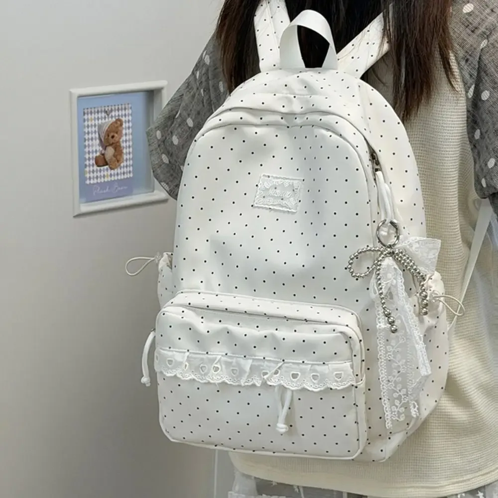 sac à dos tendance à pois, design minimaliste avec nœud, garniture en dentelle, grande capacité, léger, pour étudiants, usage quotidien