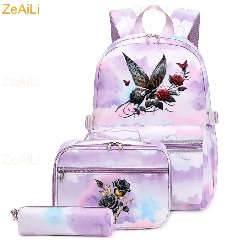 lot de 3 sacs à dos mignons pour étudiants et adolescents, motif patte de chien et chat, couleur violette, avec sac à déjeuner, sac de voyage coloré, sacs d'école pour garçons et filles, ensembles de mochilas