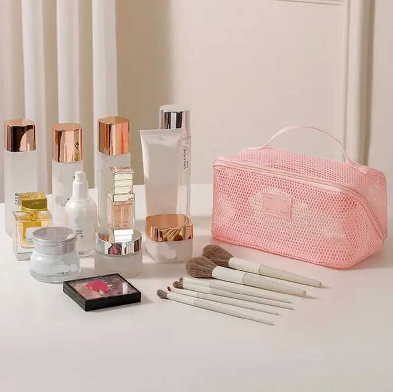 sac de maquillage à main en maille de grande capacité, fermeture éclair, multicouche, maille transparente, sac à cosmétiques, étui de rangement carré