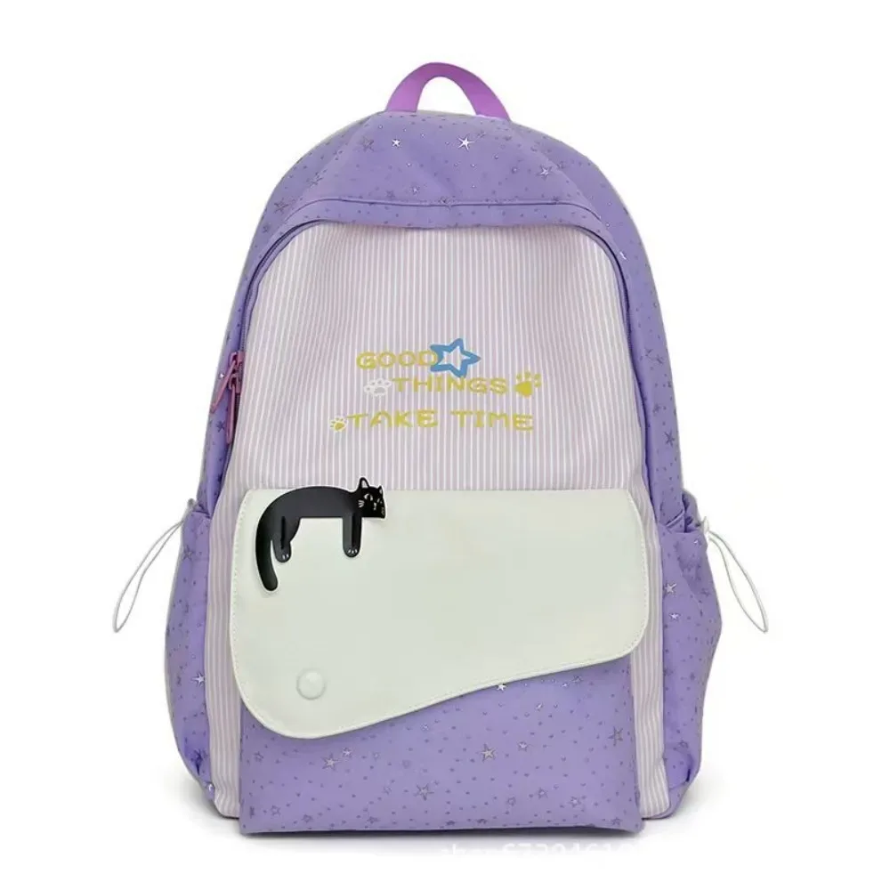sac à dos tendance motif chat et étoiles, multicolore, en nylon imprimé, léger, mignon, idéal pour les étudiants, cadeau
