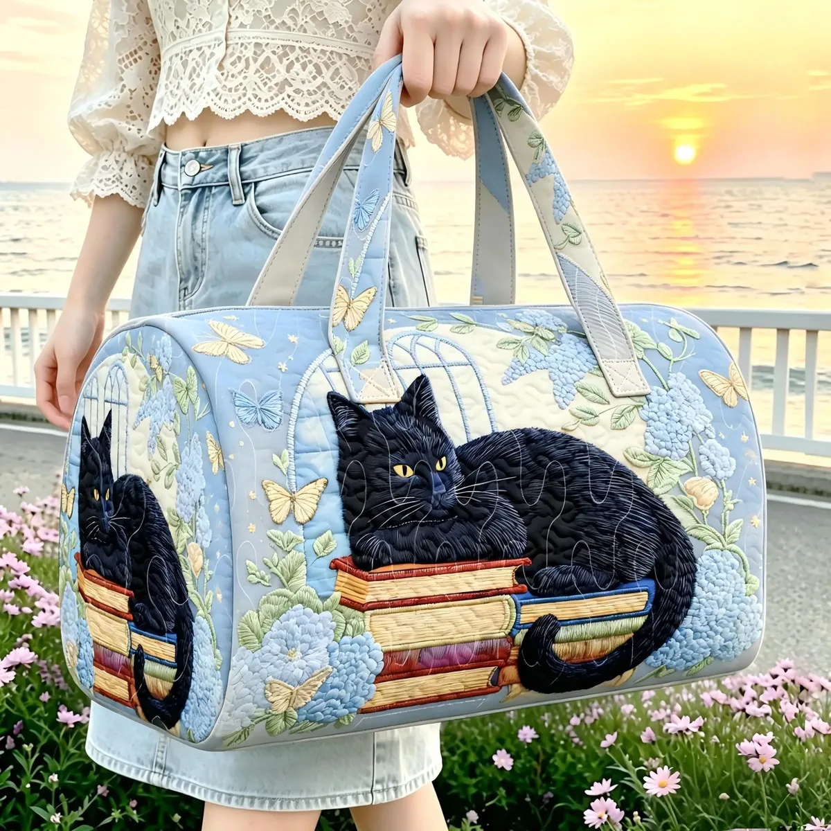 sac de voyage pour femme, grande capacité, motif chat noir, livre, hortensia, ciel étoilé, sac à main de week-end, sac de voyage de loisirs à motif papillon et fleur.