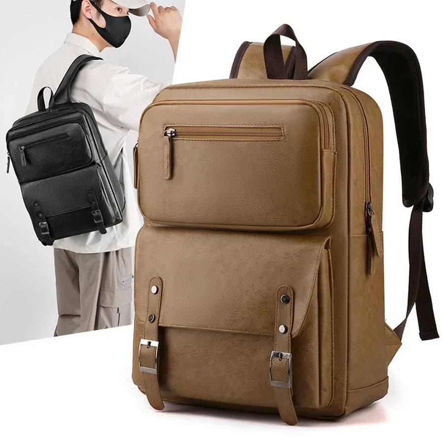 mode hommes sac à dos en cuir pu sac à dos grand ordinateur portable sacs à dos mâle mochilas noir cartable pour adolescents garçons marron sac a dos