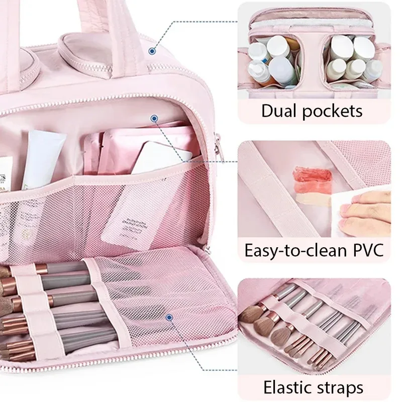 grande trousse de maquillage de voyage 180 °   organisateur de toilette à large ouverture, trousse à cosmétiques rembourrée résistante à l'eau avec poignée pour bouteilles pleines grand format