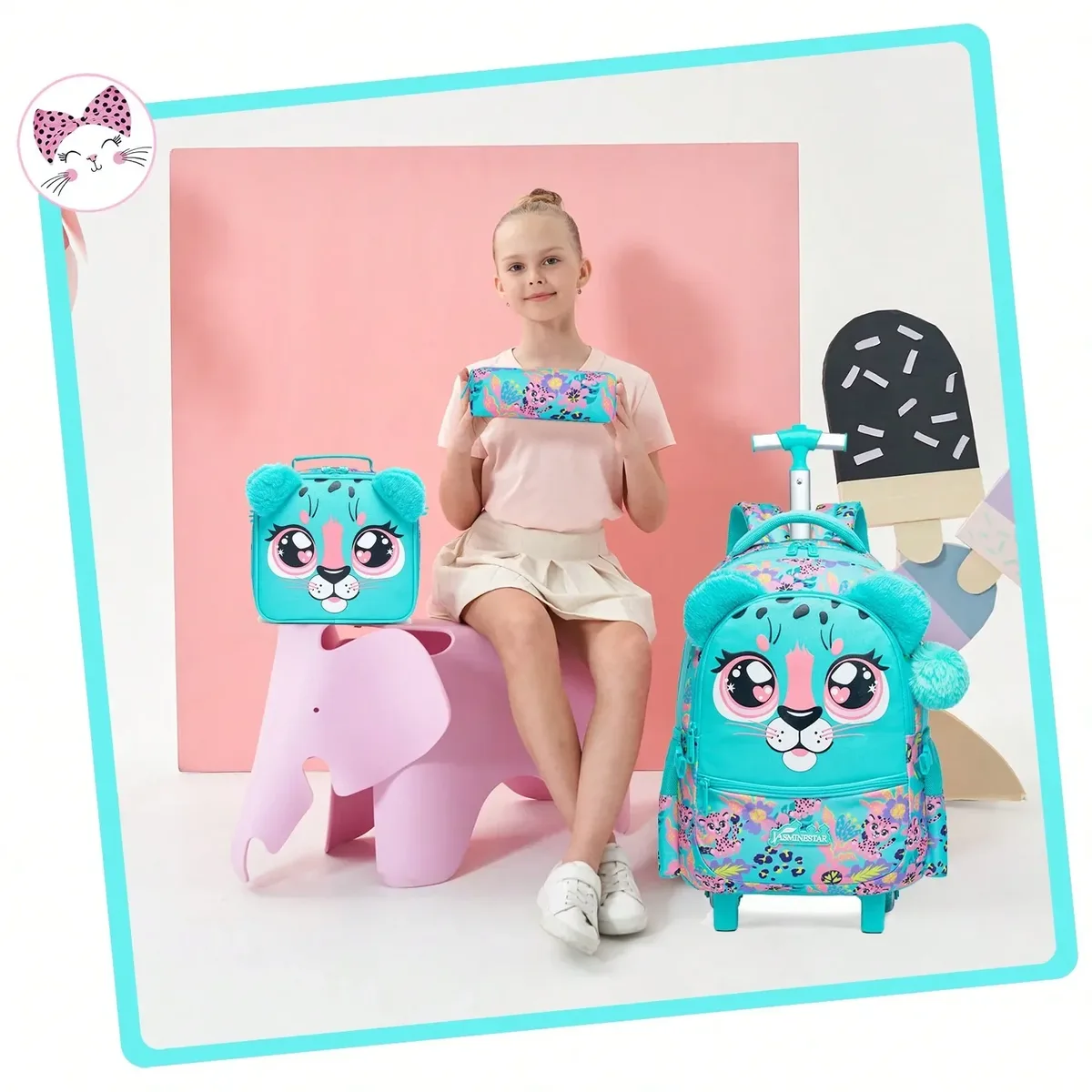 sac à dos roulant 3 pièces pour filles, avec roulettes pour élèves du primaire, sac à bagages à main 3 en 1, valise de voyage pour enfants
