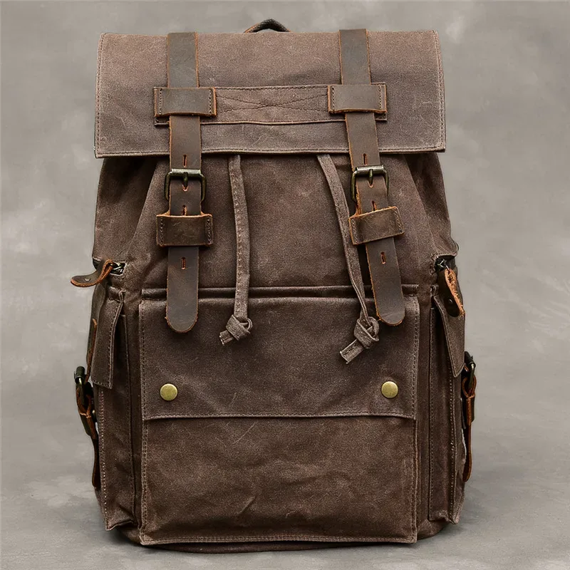 sac à dos vintage en toile et cuir group pour homme, cartable imperméable de grande capacité, en cuir de vache, pour voyage en plein air