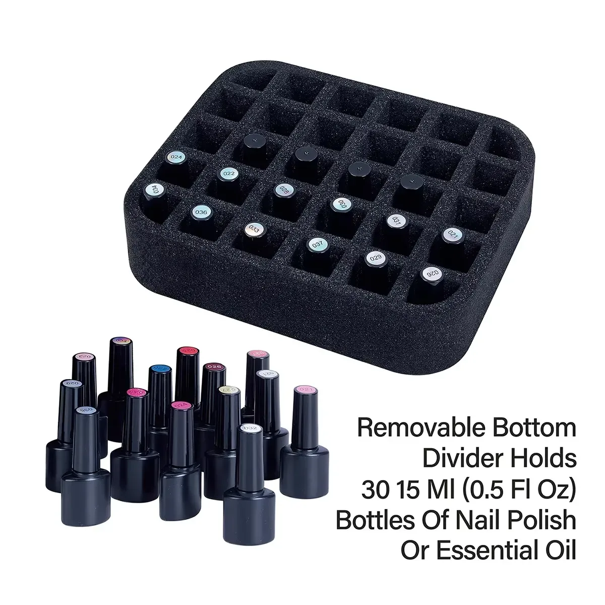 organisateur de rangement amovible à 30 compartiments rembourrés en mousse pour 30 flacons de 15 ml de vernis à ongles ou d'huiles essentielles.