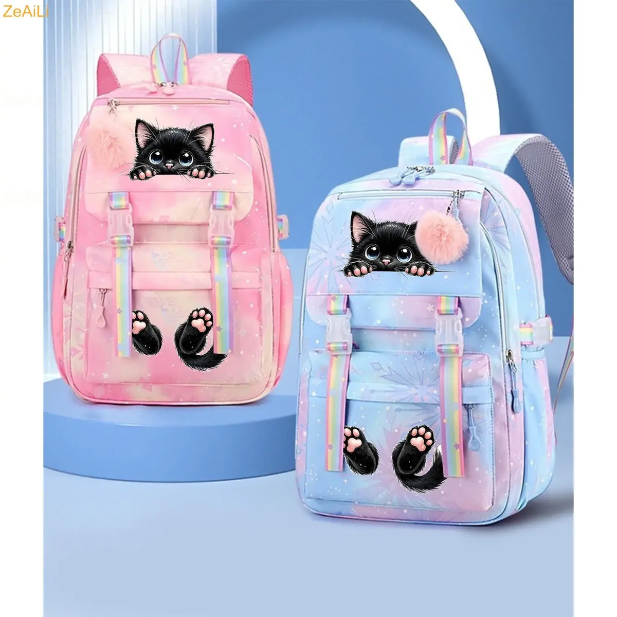 sac à dos pour femme, enfant, adolescent, motif chat noir mignon, fleur et papillon, idéal pour l'école