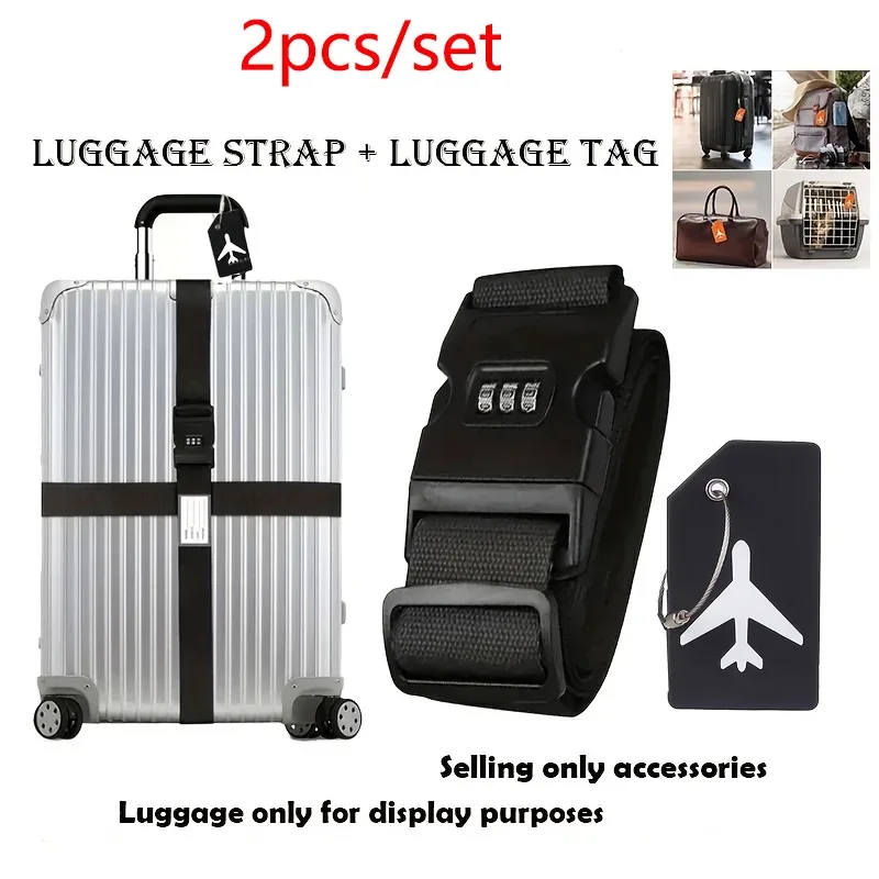 ensemble de 2 sangles de bagages anti-explosion à haute élasticité avec boucle à combinaison à trois chiffres, sangle en nylon résistante à l'usure, étiquette de bagage en silicone anti-perte imprimée avion, adaptées aux valises de 16 à 26 pouces pour le contrôle au port d'entrée de l'aéroport