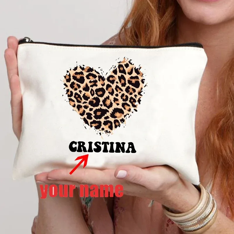 coeur léopard motif nom personnalisation blanc sac de maquillage toile sac de lavage organisateur mode voyage rouge à lèvres sacs de rangement portefeuille