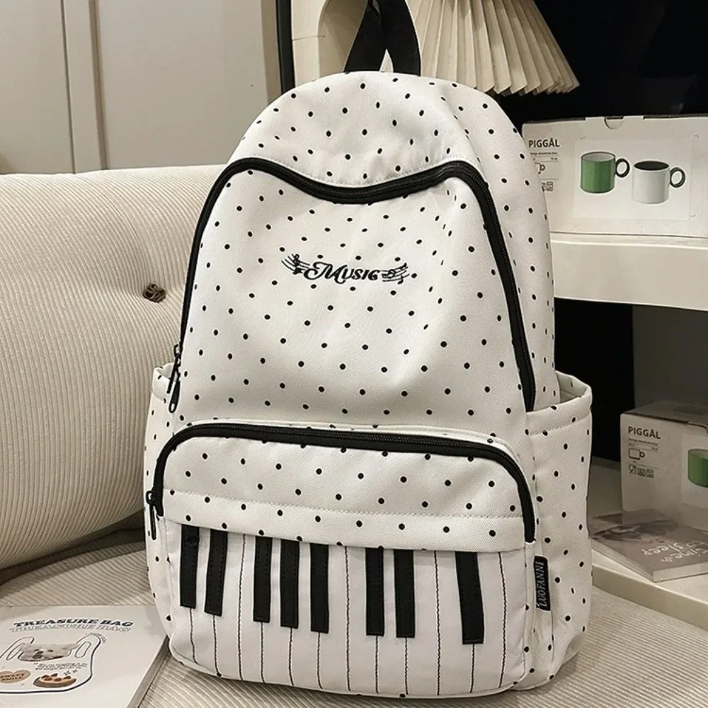 sac à dos en nylon à pois, color-block, mignon, grande capacité, style preppy, motif touches de piano, durable, pour l'école et les voyages