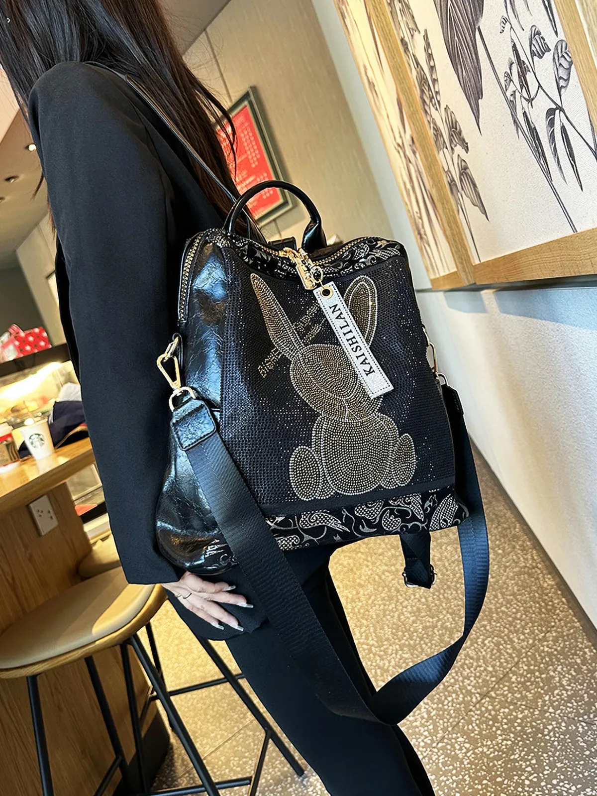 sac à dos tendance et à la mode, grande capacité, polyvalent, pour les déplacements, lapin clouté, diamant