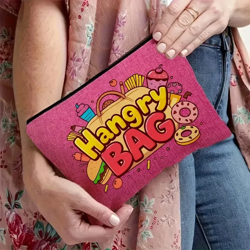 sac à suspendre léger en polyester | organisateur de collations et de maquillage avec un design alimentaire amusant rose vif, fermeture à glissière
