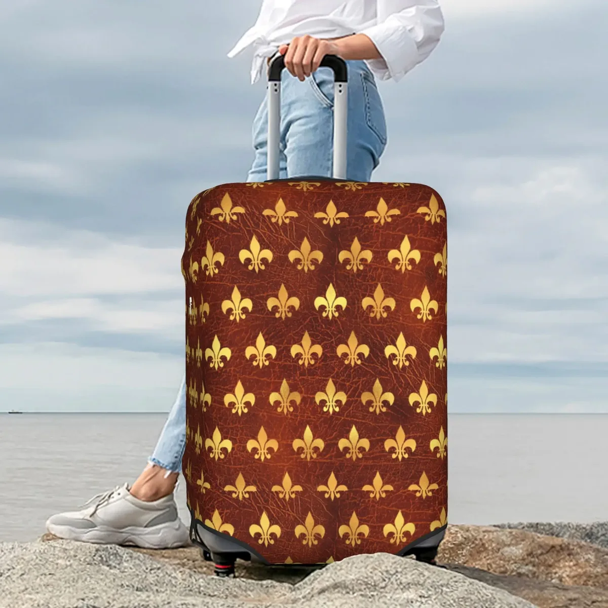 housse de protection pour bagages en cuir marron doré royal, motif fleur de lis, housse de protection amusante pour valise, convient aux valises de 18 à 32 pouces