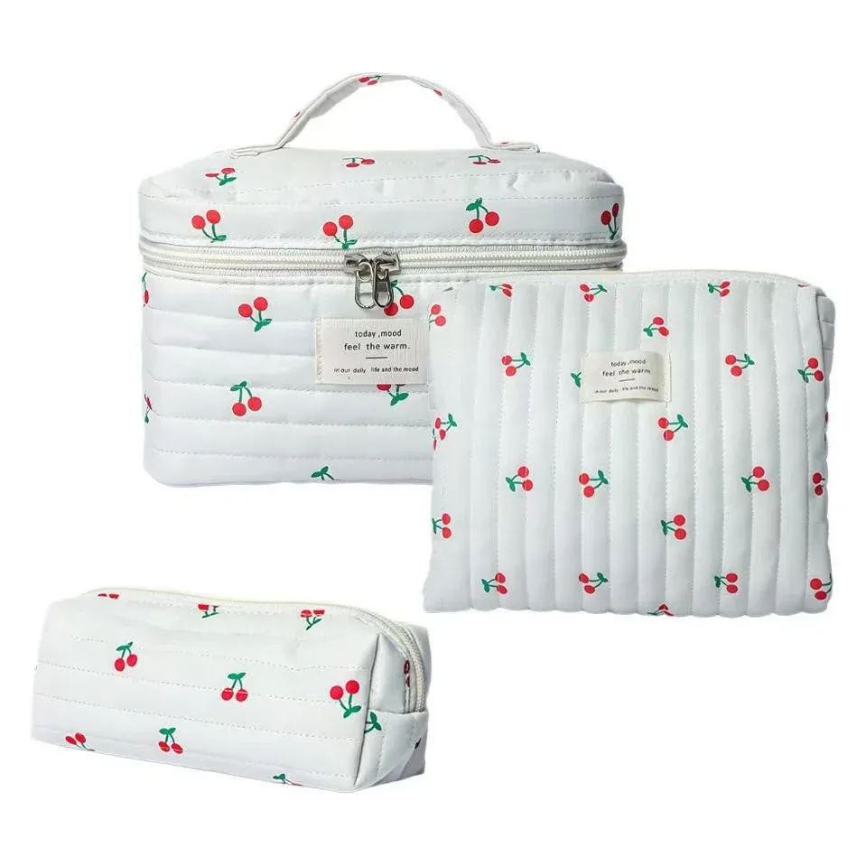 trousse de maquillage en coton matelassé avec nœud et fleur, sac cosmétique zippé pour femme, pochette portable en tissu pour filles