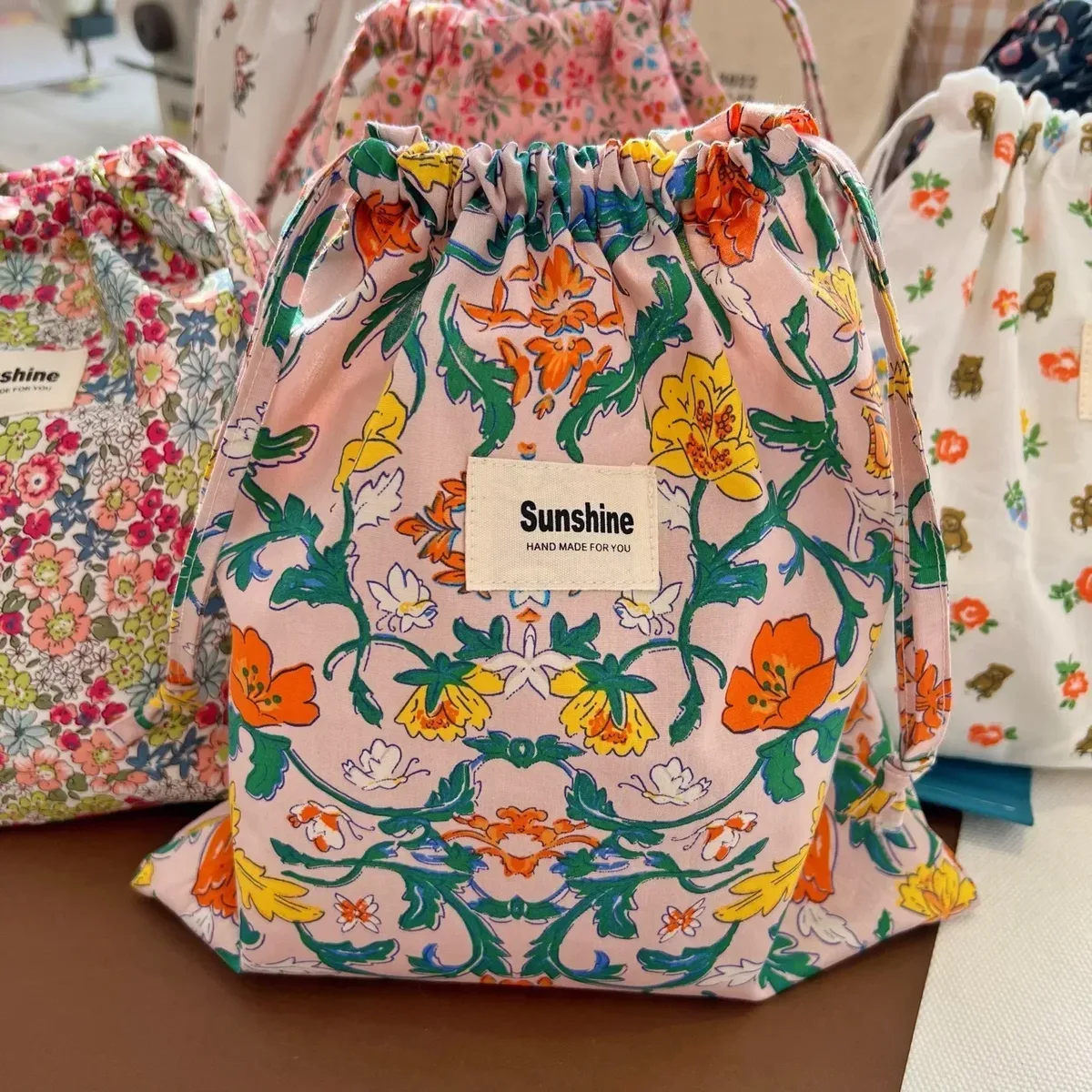 sac de rangement de voyage à proximité extérieure, sac de rangement classé, sacs à cosmétiques à fleurs imprimées, paquet de poche en ficelle de coton