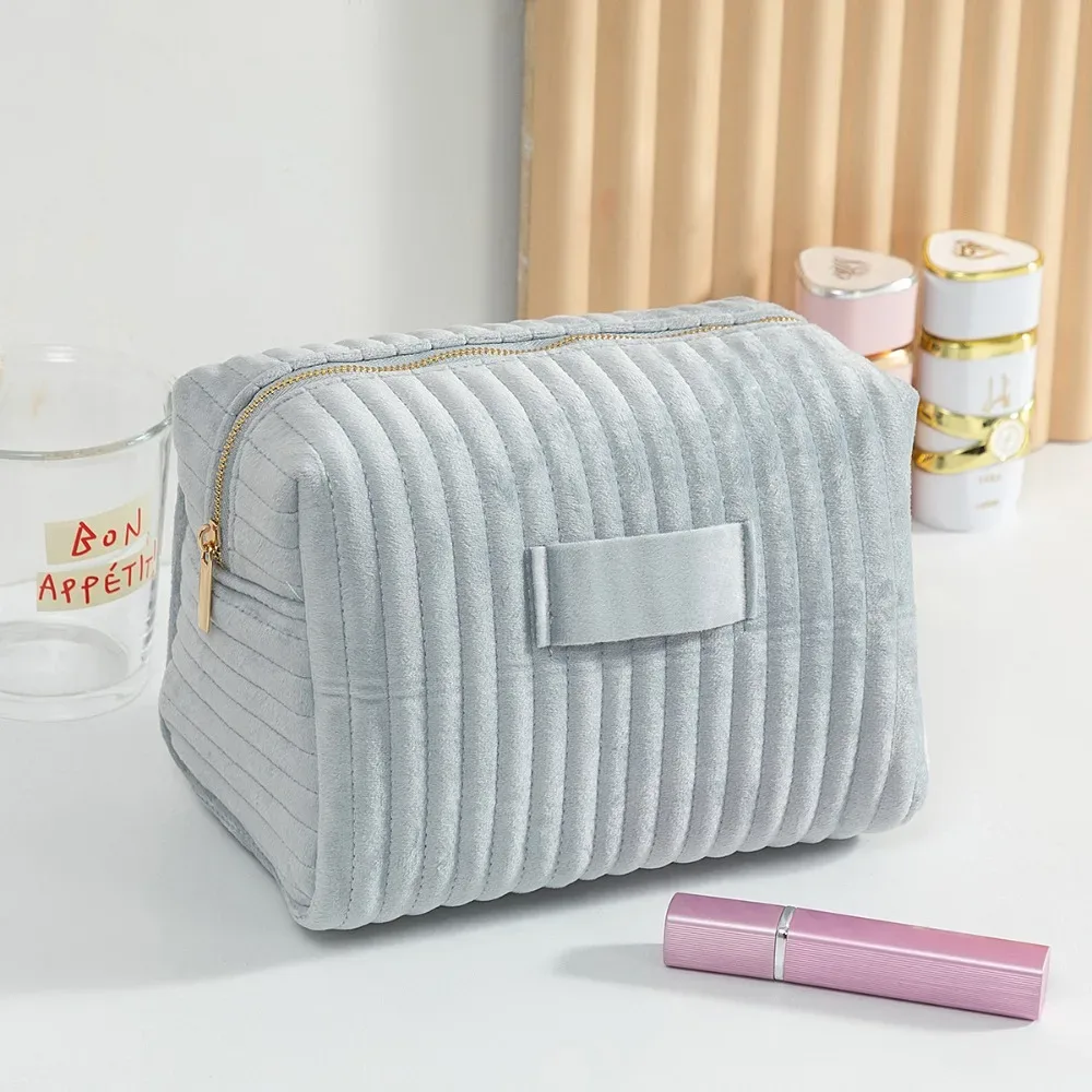 sac de maquillage en velours multi-usages, rayé, matelassé, au toucher doux, trousse de toilette grande capacité, sac cosmétique de voyage